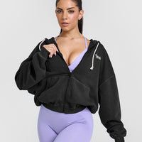 Raw Lounge Oversized Zip Through Hoodie with Graphic | Washed Black