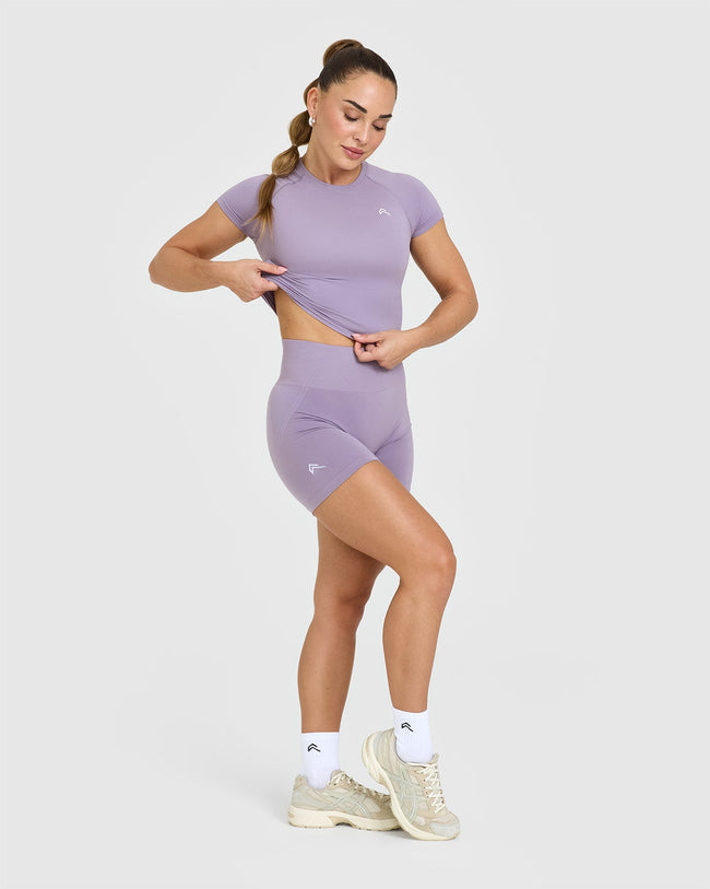 Effortless Seamless Shorts with White Logo | Soft Purple