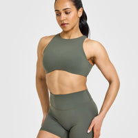 SoftMotion™ High Neck Sports Bra with White Logo | Dark Khaki