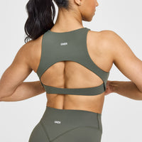 SoftMotion™ High Neck Sports Bra with White Logo | Dark Khaki