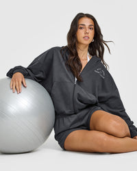 Lightweight Zip Through Hoodie with Graphic | Coal