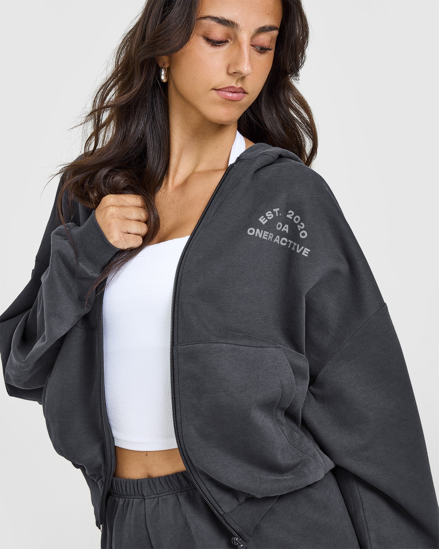 Lightweight Zip Through Hoodie with Graphic | Coal