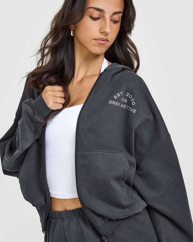 Lightweight Zip Through Hoodie with Graphic | Coal
