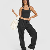 Mellow™ Rib Halter Neck Mid Vest with Built in Bra Shelf | Soft Black
