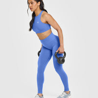 EasyLift™ High Neck Sports Bra with White Logo | Glaucous Blue