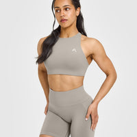 EasyLift™ High Neck Sports Bra with White Logo | Warm Sand