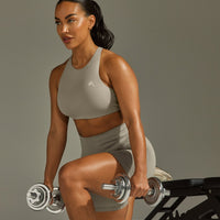 EasyLift™ High Neck Sports Bra with White Logo | Warm Sand