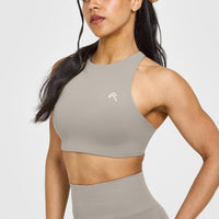 EasyLift™ High Neck Sports Bra with White Logo | Warm Sand