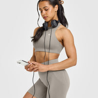 EasyLift™ High Neck Sports Bra with White Logo | Warm Sand
