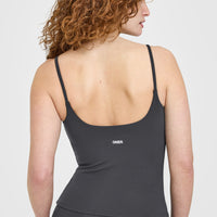 SoftMotion™ Strappy Vest with Built in Bra Shelf with White Logo | Coal