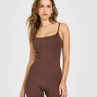 SoftMotion™ Strappy Mid Vest with Built in Bra Shelf with White Logo | Espresso Brown