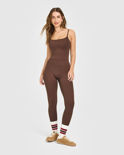 SoftMotion™ Strappy Mid Vest with Built in Bra Shelf with White Logo | Espresso Brown