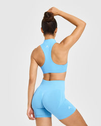 EasyLift™ Zip High Neck Sports Bra with White Logo | Arctic Blue
