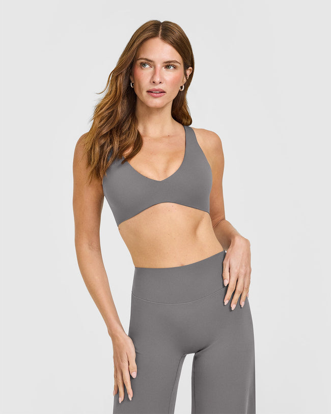 SoftMotion™ Scoop Back Bralette with White Logo | Ash Grey