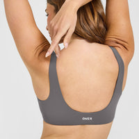SoftMotion™ Scoop Back Bralette with White Logo | Ash Grey