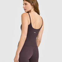 SoftMotion™ Strappy Vest with Built in Bra Shelf with White Logo | Dark Umber Brown