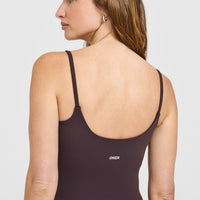 SoftMotion™ Strappy Vest with Built in Bra Shelf with White Logo | Dark Umber Brown