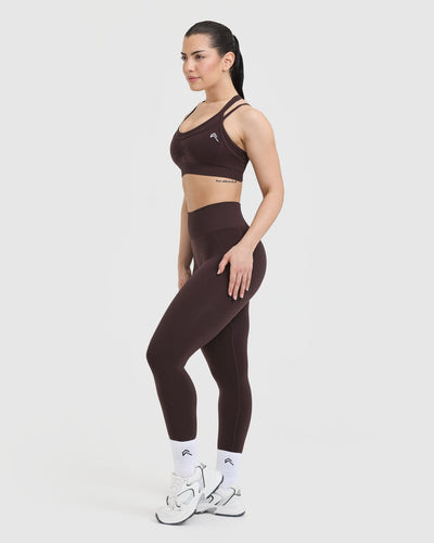 Effortless Seamless Layered Sports Bra with White Logo | Plum Brown