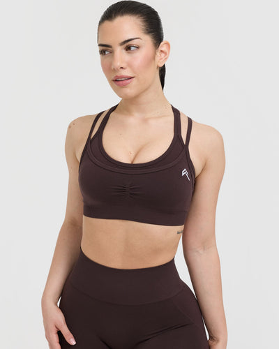 Effortless Seamless Layered Sports Bra with White Logo | Plum Brown