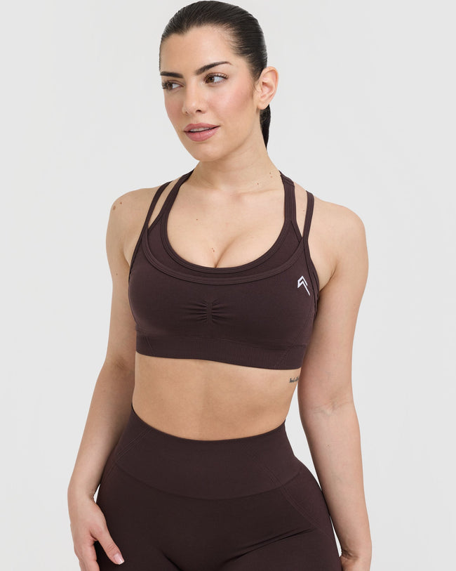 Effortless Seamless Layered Sports Bra with White Logo | Plum Brown