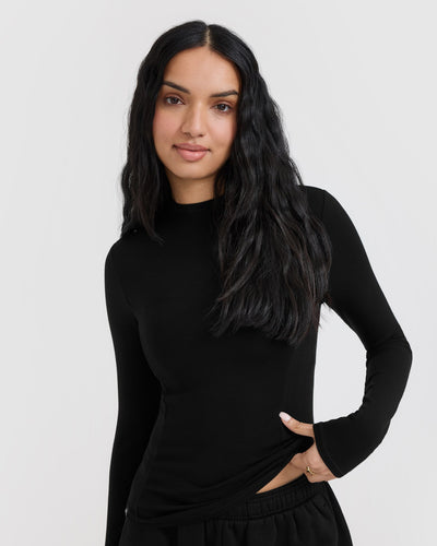 Mellow™ Rib Mock Neck Long Sleeve Top | Black