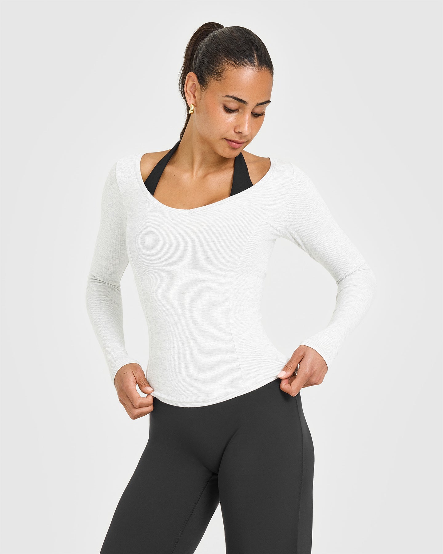 Mellow™ Rib V Neck Long Sleeve Top | Light Grey Marl