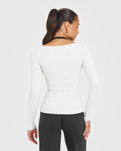 Mellow™ Rib V Neck Long Sleeve Top | Light Grey Marl