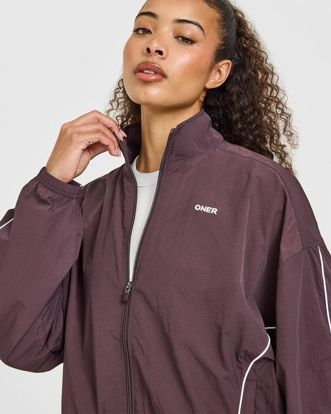 Oversized Piped Woven Track Jacket | Deep Umber Brown
