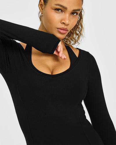 Mellow™ Rib V Neck Long Sleeve Top | Black