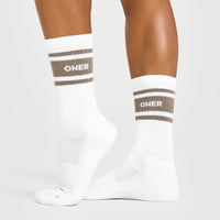 Varsity Long Crew Socks 1 Pack | White/Moss Brown