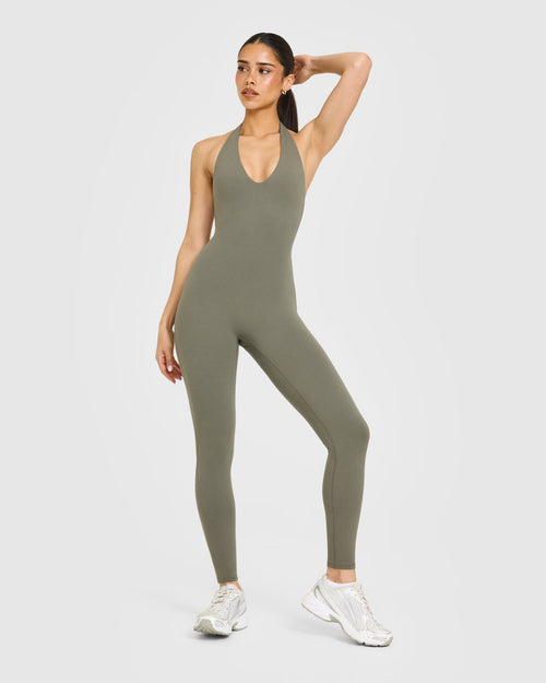 SoftMotion™ Halter Neck All In One Long with White Logo | Alpine Green