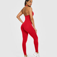 SoftMotion™ Halter Neck All In One Long with White Logo | Light Toasted Red