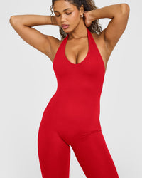 SoftMotion™ Halter Neck All In One Long with White Logo | Light Toasted Red