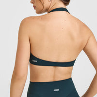 SoftMotion™ Minimal Halter Neck Bralette with White Logo | Oil Blue