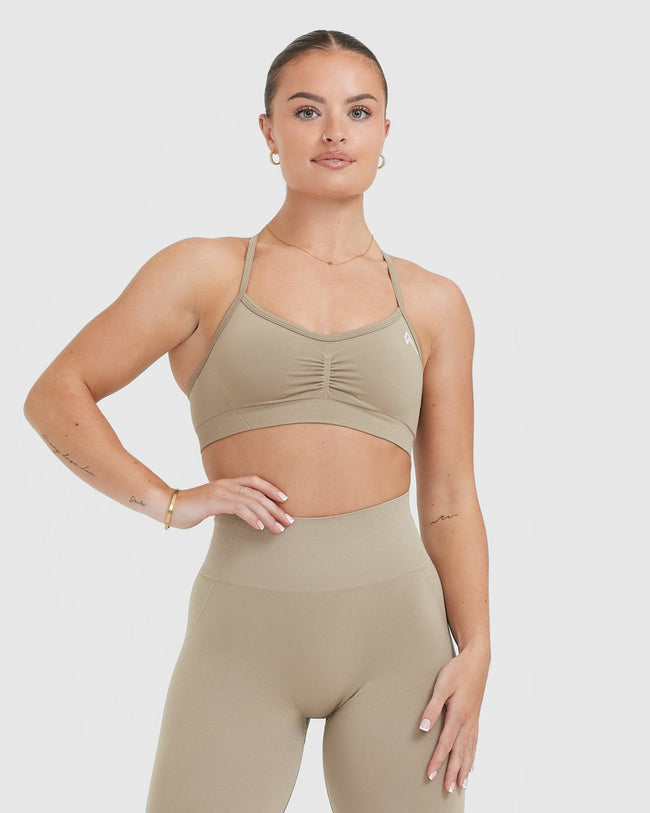 Effortless Strappy Bralette with White Logo | Washed Sandstone