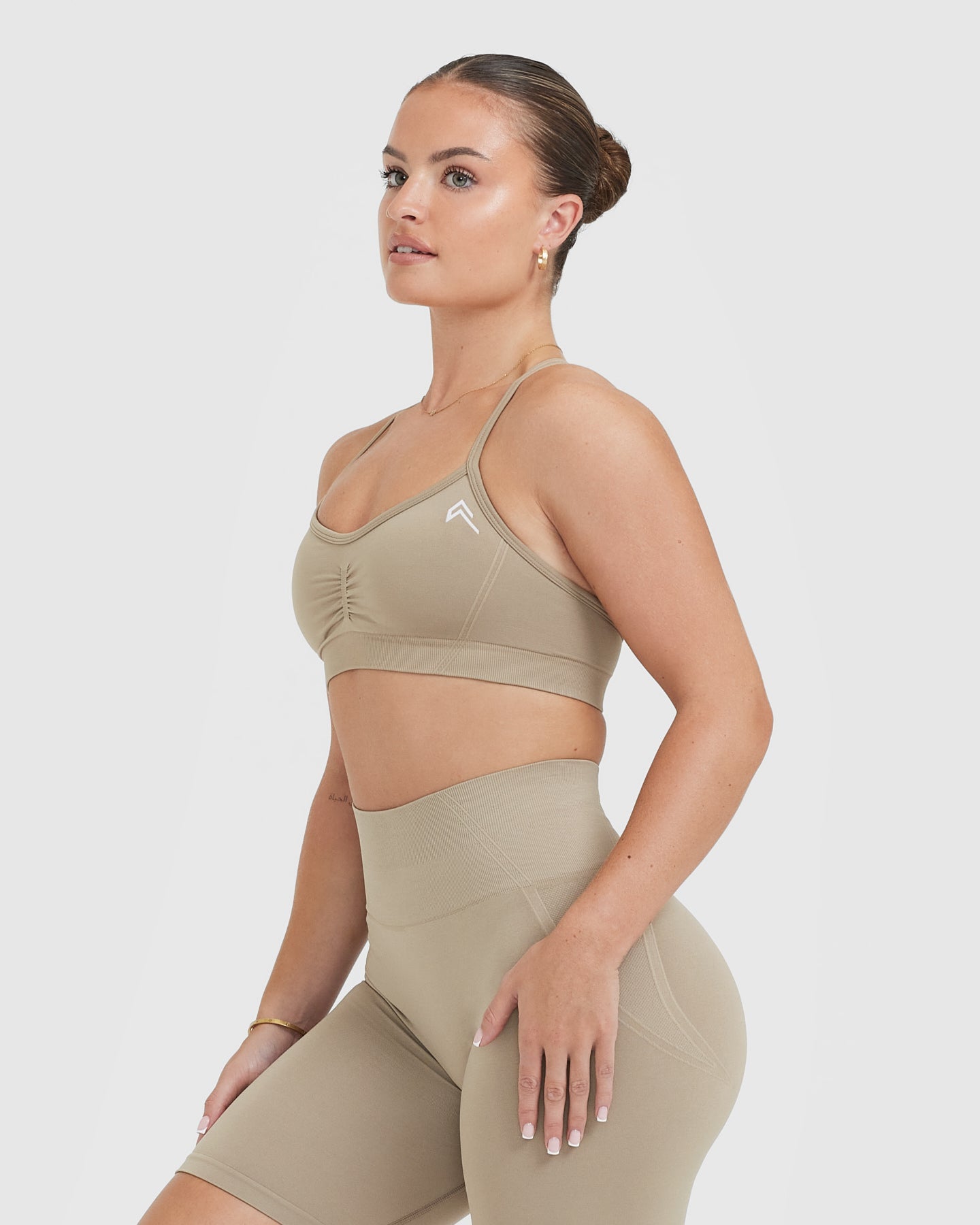 Effortless Strappy Bralette with White Logo | Washed Sandstone