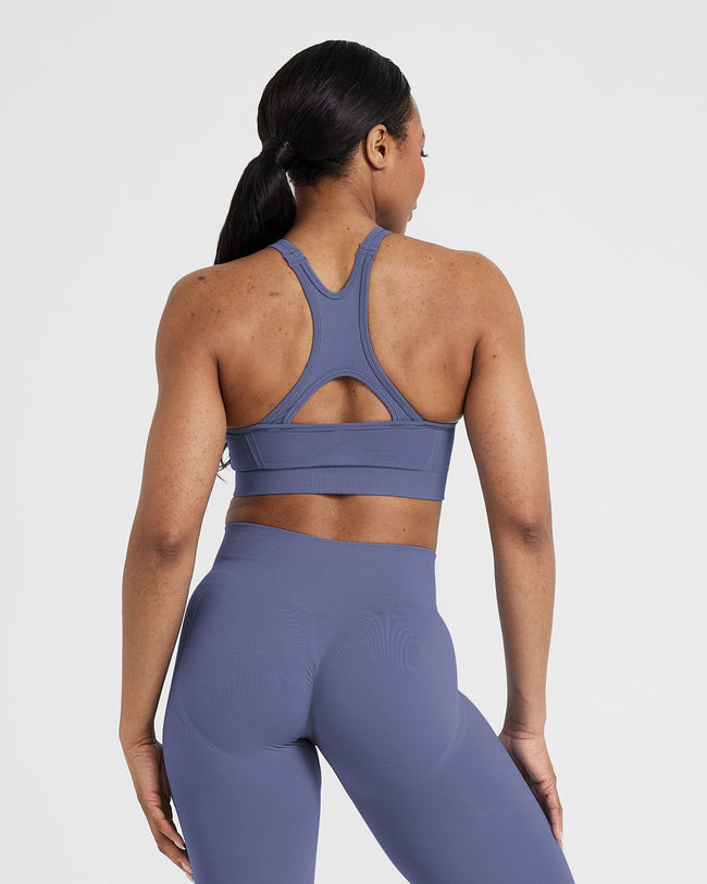 Effortless Seamless High Neck Bralette with White Logo | Slate Blue