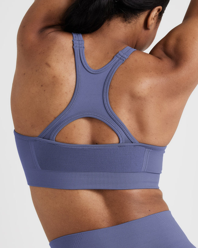 Effortless Seamless High Neck Bralette with White Logo | Slate Blue