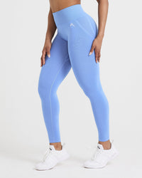 Effortless Seamless Leggings with White Logo | Light Denim