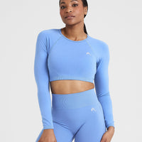 Effortless Seamless Long Sleeve Crop Top with White Logo | Light Denim
