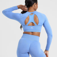 Effortless Seamless Long Sleeve Crop Top with White Logo | Light Denim