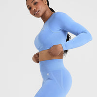 Effortless Seamless Long Sleeve Crop Top with White Logo | Light Denim