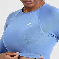 Effortless Seamless Long Sleeve Crop Top with White Logo | Light Denim