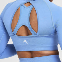 Effortless Seamless Long Sleeve Crop Top with White Logo | Light Denim