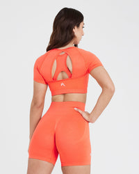 Effortless Seamless Short Sleeve Crop Top with White Logo | Peach Blossom