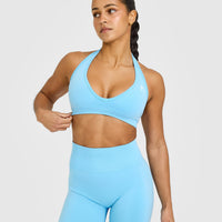 Effortless Seamless Halter Neck Sports Bra with White Logo | Arctic Blue