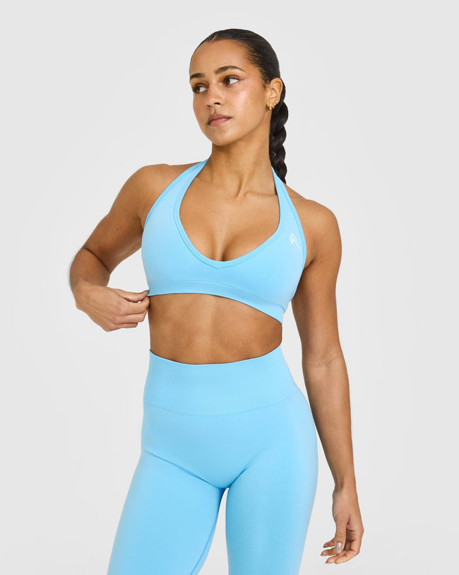 Effortless Seamless Halter Neck Sports Bra with White Logo | Arctic Blue