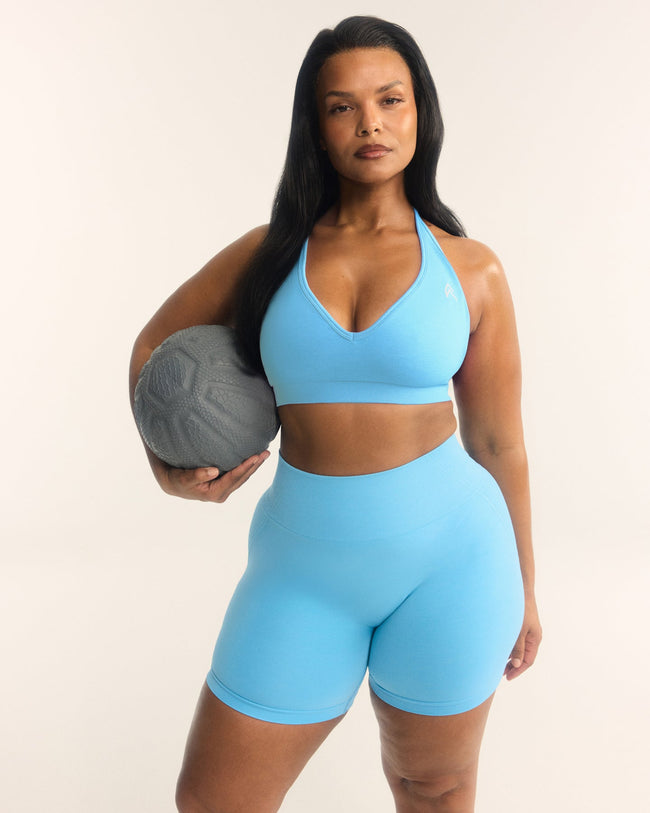 Effortless Seamless Halter Neck Sports Bra with White Logo | Arctic Blue
