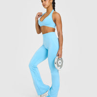 Effortless Seamless Halter Neck Sports Bra with White Logo | Arctic Blue