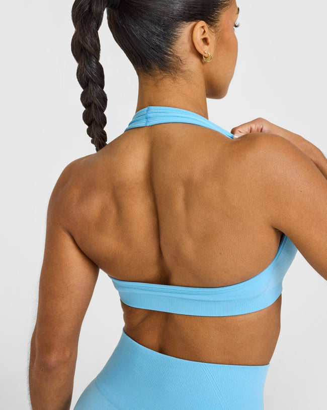 Effortless Seamless Halter Neck Sports Bra with White Logo | Arctic Blue